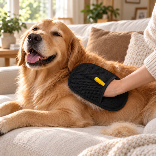 Guante quitapelos CROSENS acariciando a un golden retriever feliz en el sofá