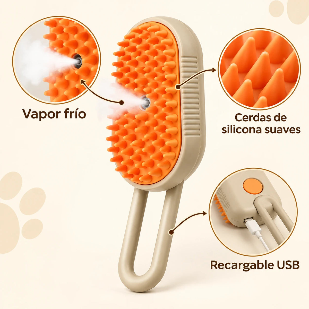 Cepillo a vapor 3 en 1: vapor frío, cerdas de silicona y carga USB