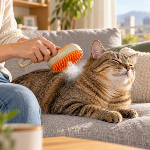 Cepillo a vapor CROSENS en uso con un gato en el sillón